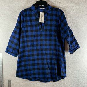 Mea eor Blouse Women's Large‎ Blue Black Check Roll Tab Sleeve Tunic Top S7976